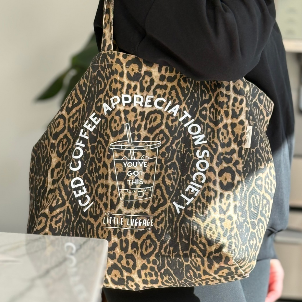 leopard print iced coffee tote bag with zipped pouch