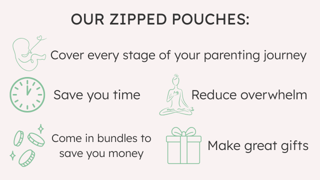 Promotional text about zipped pouches for parents, featuring icons and text on a white background.