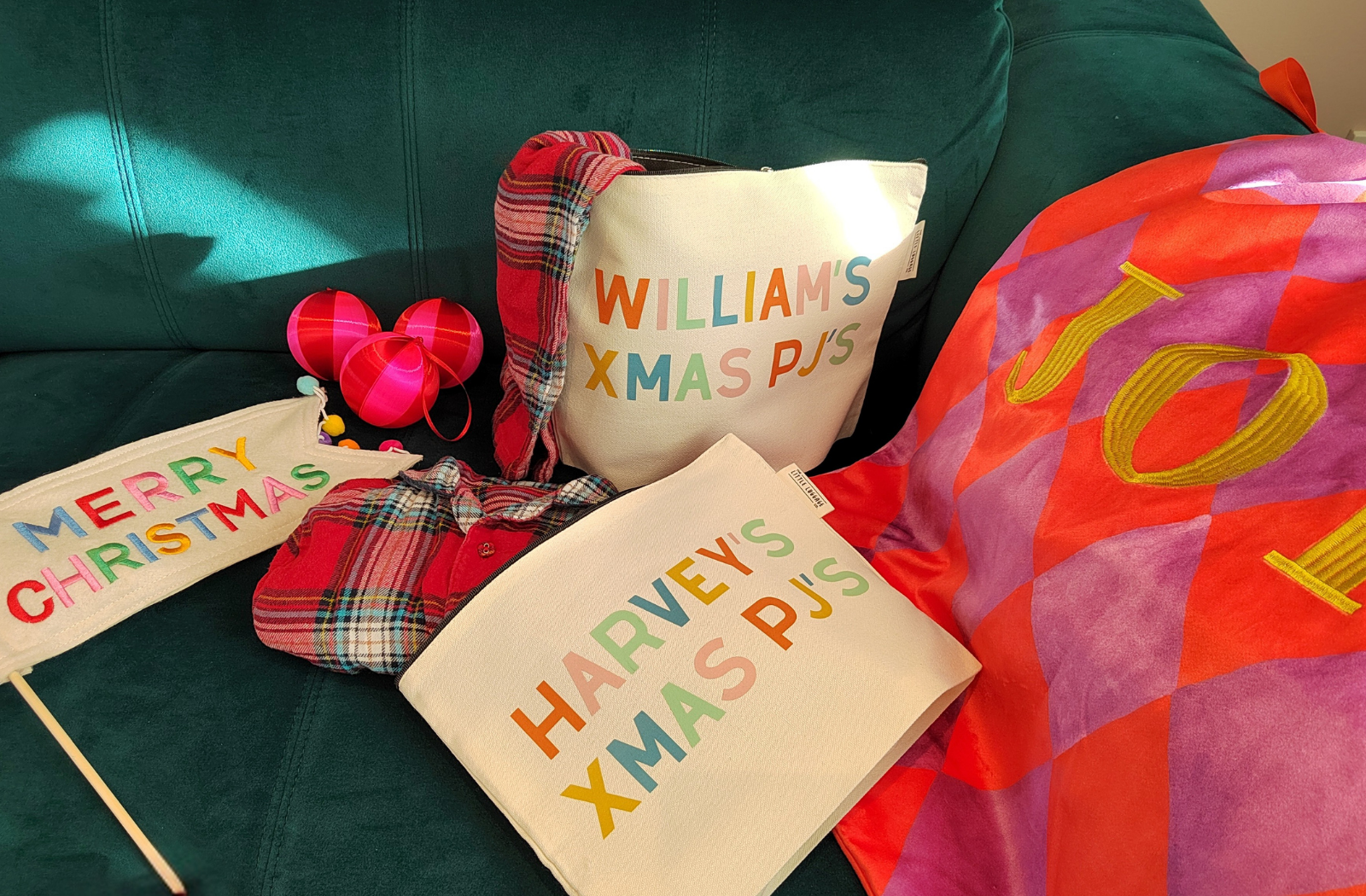 canvas pouches with personalised name for christmas pj's